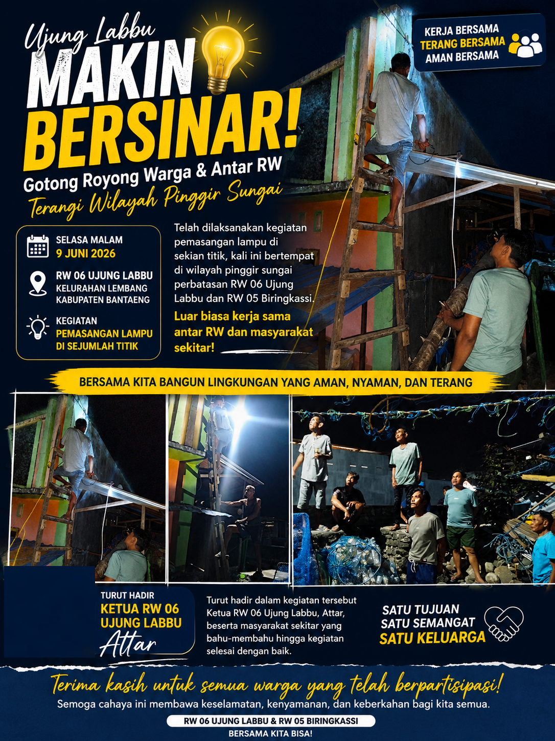 UJUNG LABBU MAKIN BERSINAR! Semangat Gotong Royong Warga dan Antar RW, Lampu Jalan Kini Terangi Wilayah Perbatasan Sungai RW 06 dan RW 05
